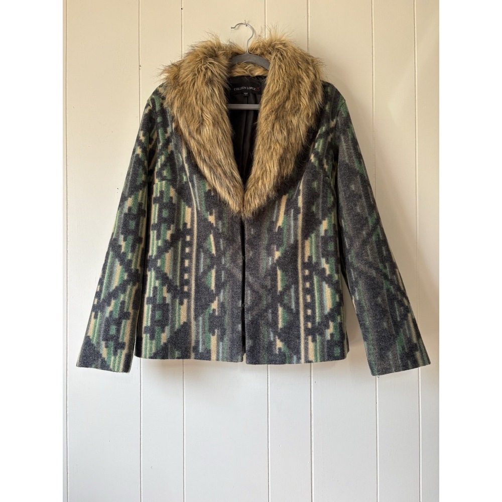 Colleen Lopez Southwestern Aztec Faux Fur Collar Jacket Boho Western Coat Medium